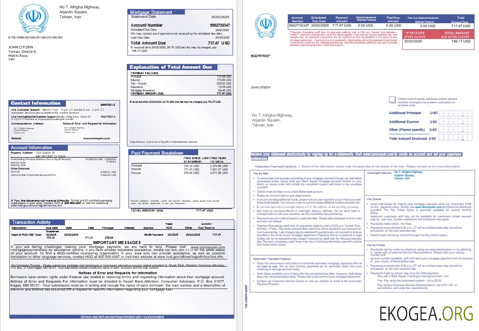 Relevé hypothécaire de l'Iran Bank Sepah en Word et PDF à partir des formats 1, 2
